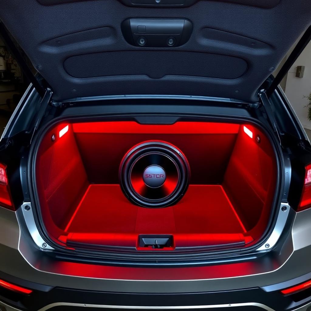 Custom subwoofer install with red LEDs
